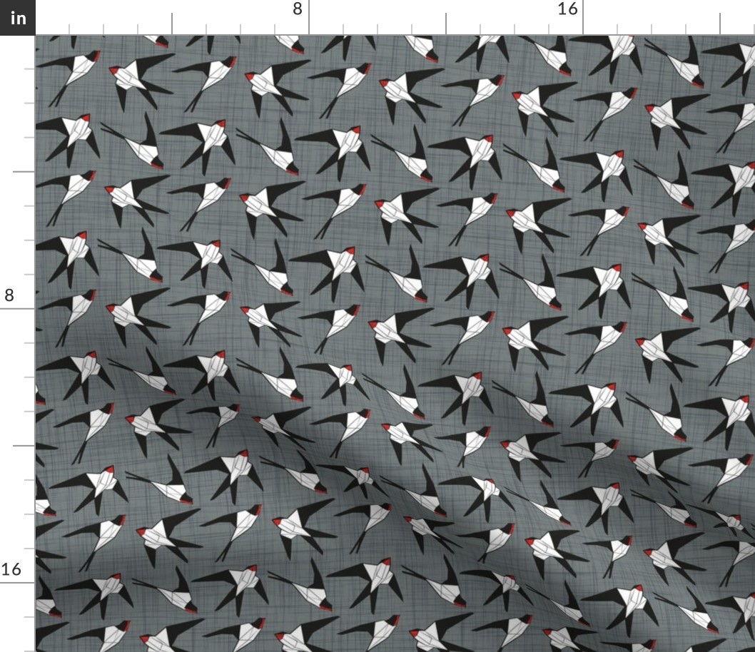 Small scale // Geometric spring swallows // green grey linen texture background black and white birds neon red beak