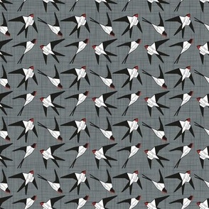 Tiny scale // Geometric spring swallows // green grey linen texture background black and white birds neon red beak