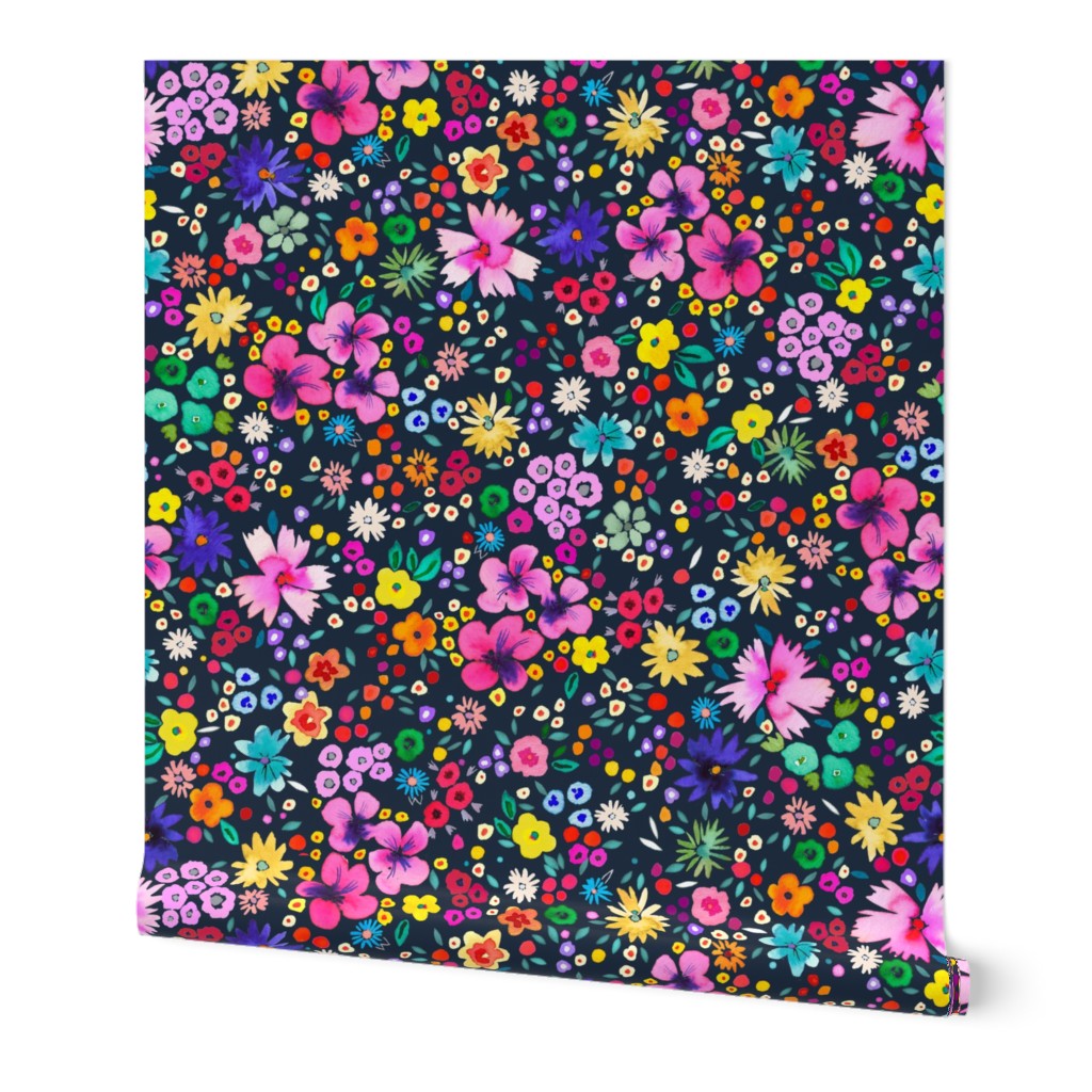 Ditsy floral Spring party confetti floral - Tween Spirit Floral - Colorful rainbow floral Navy - Medium