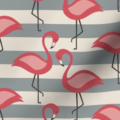 Flamingos on grey and white stripes
