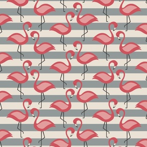 Flamingos on grey and white stripes