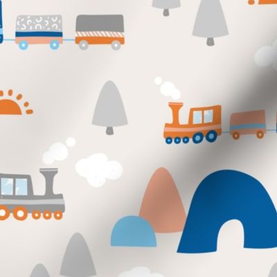 Little trains and mountains sunny travel day in the country side  neutral orange blue on beige  LARGE