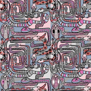 Histerical entangled snakes in shades of pink and blue