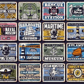 Patchwork of Vintage Maritime and Old Time Oceanic Attractions Cheater Quilt