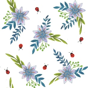 Garden Flowers - Blue Flowers with Ladybugs - Coordinate