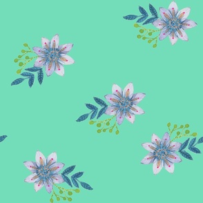 Garden Flowers - Blue Flowers on Mint  - Coordinate