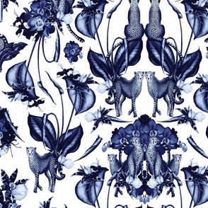 Monochromatic blue cheetah and orchids in mirror composition/medium scale