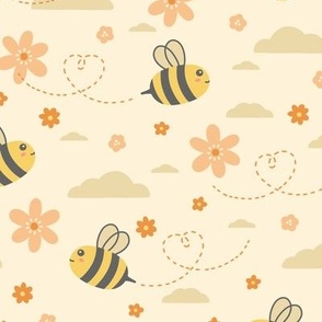 Bees & Flowers on Cream (Large Scale)