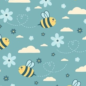 Bees & Flowers on Teal (Large Scale)