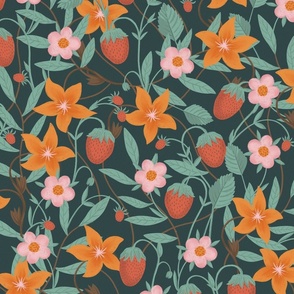 Flowers and Strawberries in Sage Green, Orange, Blush Pink, Red and Teal Hand-drawn Pattern