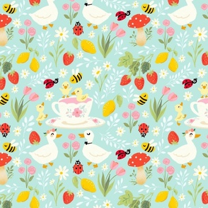 spring  garden party of the Duck family-light turquoise background