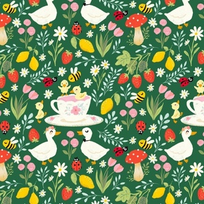 Ducks having tea party in spring  | green background