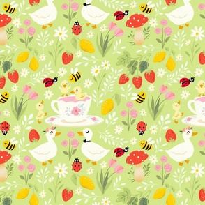 spring  garden party of the Duck family-light green background