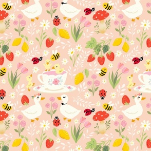 Ducks having tea party in spring  | light coral background