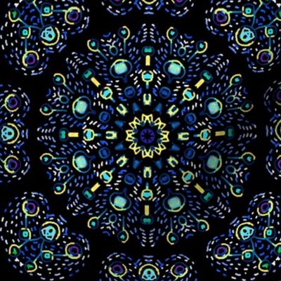 Kaleidoscopic Bohemian Dandelion in Blue and Turquoise