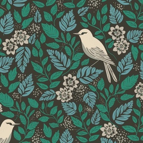 Singing birds - Birds in retro blues L Vintage birds wallpaper