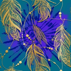 Golden Effect Feathers and Beads on Royal Purple, Navy and Teal Tie Dye