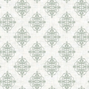 Medallion Block Print French Linen Ivory Sage Green 