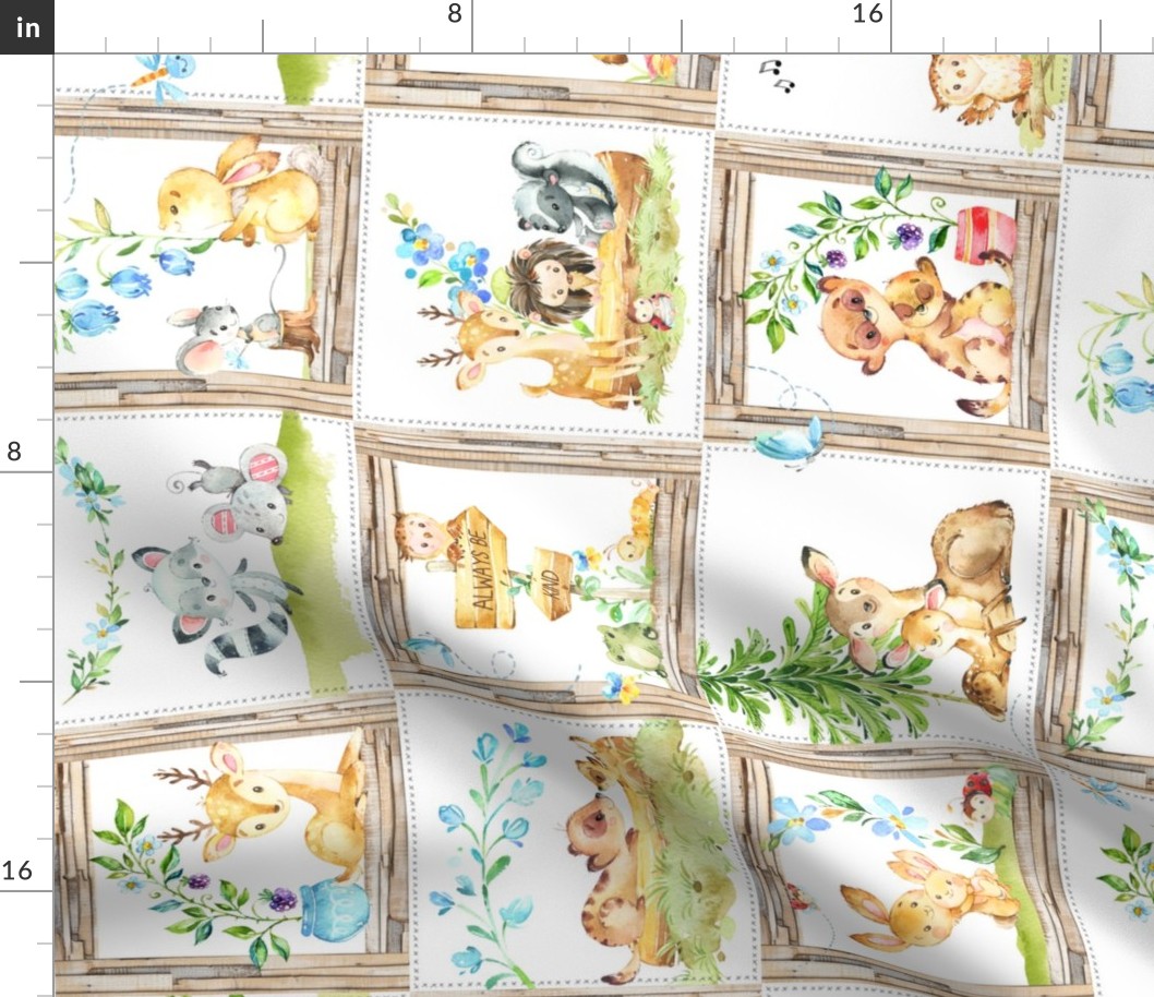 Secret Forest Animals Quilt – Neutral Brown Patchwork Blanket, GL-WHT2, rotated