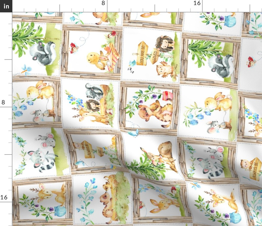 4 1/2" Secret Forest Animals Quilt – Neutral Brown Patchwork Blanket, GL-WHT2, rotated