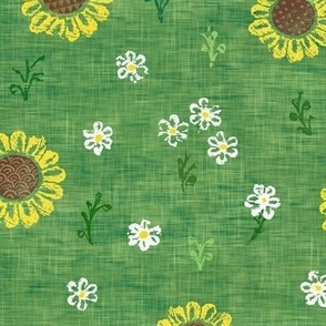 Block Print Sunflowers and Daisies on Lawn Green | Garden fabric print on linen texture, rustic block print flowers, hand printed pattern, boho floral, spring fabric, Easter fabric in yellow and green.