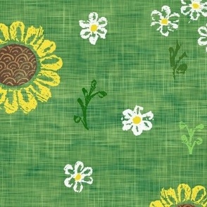 Block Print Sunflowers and Daisies on Lawn Green (large scale) | Garden fabric print on linen texture, rustic block print flowers, hand printed pattern, boho floral, spring fabric, Easter fabric in yellow and green.