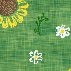 Block Print Sunflowers and Daisies on Lawn Green (xl scale) | Garden fabric print on linen texture, rustic block print flowers, hand printed pattern, boho floral, spring fabric, Easter fabric in yellow and green.