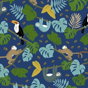 Medium // Rainforest Canopy: Jungle Animals & Leaves: Sloths, Toucans, Monkeys - Blue