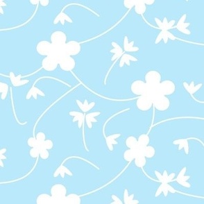 White Flowers and vines on light blue