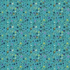 Flowers & Birds, 6 inch, Medium Scale, Turquoise Background, Yellow, Orange, Purple, Green, Black