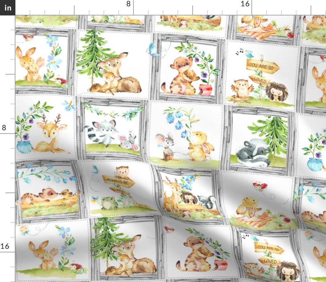 4 1/2" Secret Forest Animals Quilt – Neutral Gray Patchwork Blanket, GL-WHT1