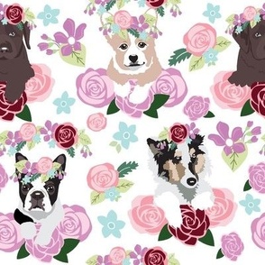 Dogs Frolic in the Flowers white background collie, corgi, boston terrier, labrador puppy 