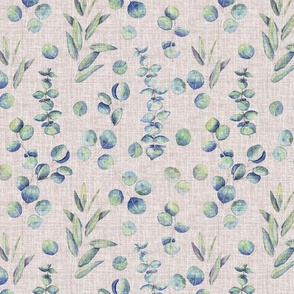 Watercolor linen green background with eucalyptus