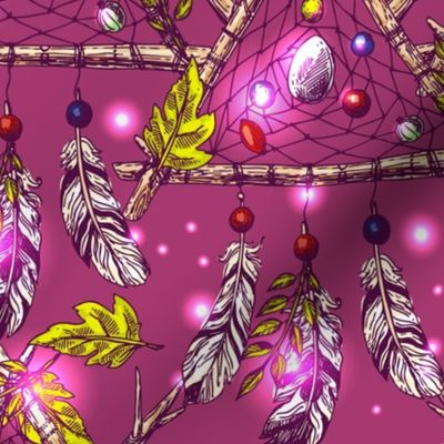 Native American Triangle Dream Catchers Hand Drawn on Magenta, Fuchsia, Purple