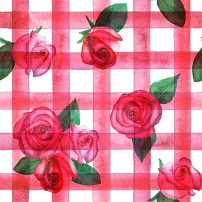 Watercolor pink red roses and stripes