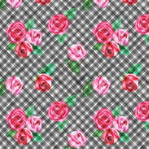 Watercolor pink red roses and grey stripes