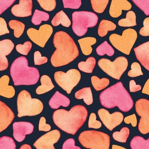 Hand painted pink and orange hearts on navy background - large scale