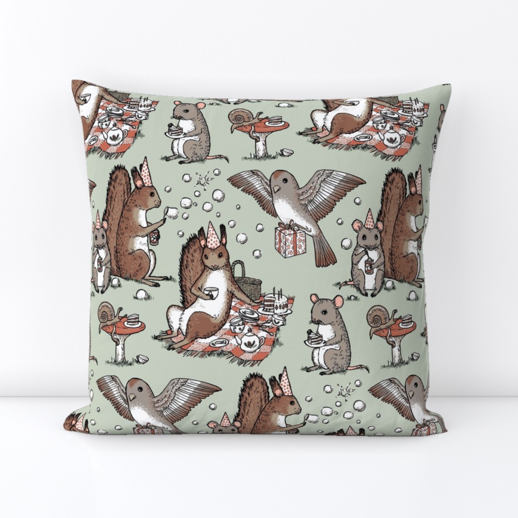 Woodland party - happy woodland animals, cake, gifts, bubbles - on sage green