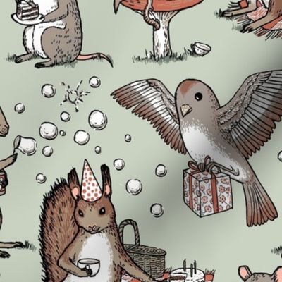 Woodland party - happy woodland animals, cake, gifts, bubbles - on sage green