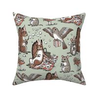 Woodland party - happy woodland animals, cake, gifts, bubbles - on sage green