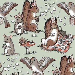 Woodland party - happy woodland animals, cake, gifts, bubbles - on sage green