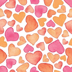 Hand painted pink and orange hearts on soft white background