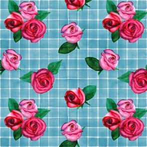 Watercolor pink red roses and blue teal stripes