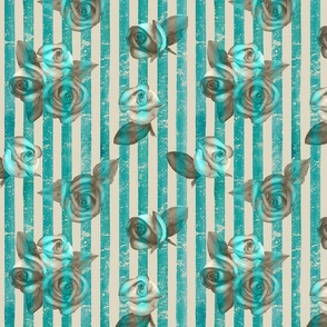 Watercolor vintage teal turquoise roses and stripes