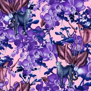 Blue cheetah in orchid blossom/candyfloss/medium scale