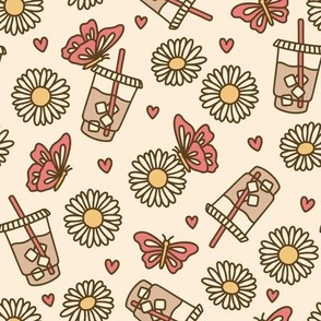 Summer Iced Coffee with Butterflies, Hearts, and Daisies on Beige (Large Scale)