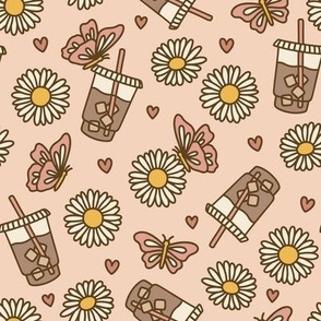 Summer Iced Coffee with Butterflies, Hearts, and Daisies on Peach (Large Scale)