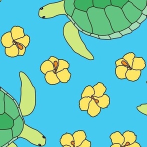 Swimming Turtles and Hibiscus on Blue (Large Scale)