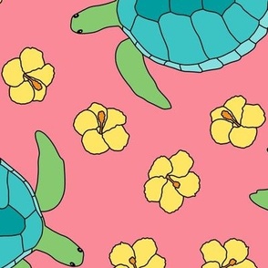 Swimming Turtles and Hibiscus on Pink (Large Scale)