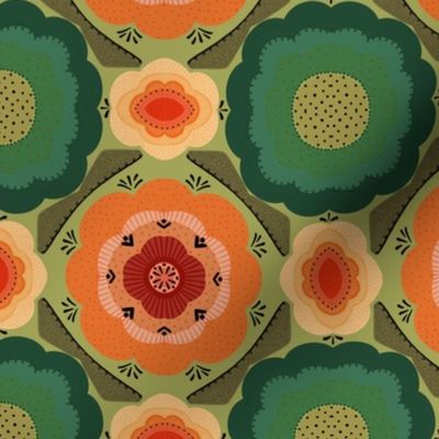 Green and orange retro flower circles 